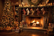 © Chris - christmas tree with fireplace and stockings for xmas promotion  - made with generative ai