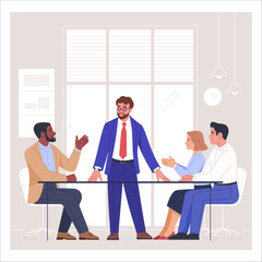 Business Meeting. Vector cartoon illustration in a flat style of a group of diverse people sitting and discussing in an office at a table headed by a manager. Isolated on background