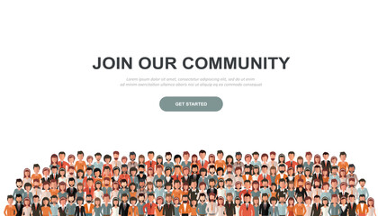 Join our community. Crowd of united people as a business or creative community standing together. Flat concept vector website template and landing page design for invitation to summit or conference	
