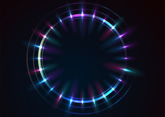 Wall Mural - Blue purple neon laser rings with rays abstract background. Technology vector design