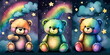 Niedliche Teddybären auf den Wolken mit Sternen und Mond und Regenbogen Farben - Wasserfarben Stil - mit KI erstellt
