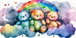 Teddybären auf einer Wolke und regenbogenfarbenen Himmel Hintergrund Wasserfarben Stil - mit KI erstellt	