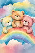Teddybären auf einer Wolke und regenbogenfarbenen Himmel Hintergrund Wasserfarben Stil - mit KI erstellt	