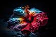 © ADDICTIVE STOCK - Generative AI image of from above of vibrant beautiful multicolored hibiscus flower pollen with water drops and neon glowing against black background