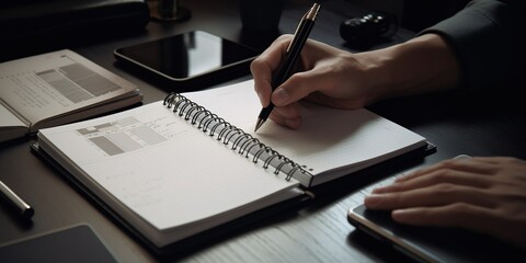 Event planner agenda organizing by organizer schedule. Business man hand note on notebook with calendar planner on office table With Generative AI technology