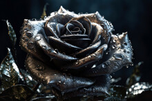 Generative AI Illustration Of Lush Realistic Rose With Tender Black Petals Covered With Dew And Dark Leaves