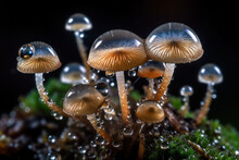 Generative AI Image Of Closeup Of Small Thin Glassy Fresh Mushrooms Growing On Dew Against Black Background On Blurred Grassy Lawn