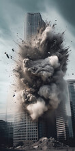 Generative AI Image Of Drone View Of Skyscraper Of Urban City Exploding Into Pieces With Massive Dust And Rubble Spraying Around High Rising Buildings