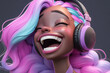 © ADDICTIVE STOCK - Generative AI image of black cartoon woman with pink and blue hair laughing with closed eyes while listening to music with headset against gray background