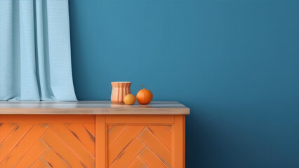 Close up of a wooden table top, cupboard, and panel with shutters. Mock up of an orange herringbone curtain. interior design, blue wall background with copy space. generative ai