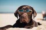 Fototapeta  - labrador dog wearing sunglasses on the beach