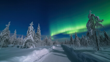 Spectacular aurora borealis (northern lights) over a track through winter landscape in Finnish Lapland. generative ai