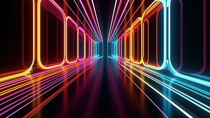 3d render, abstract panoramic neon, light speed background. Bright purple violet pink lines glowing in ultraviolet light, generative ai, futuristic path. 