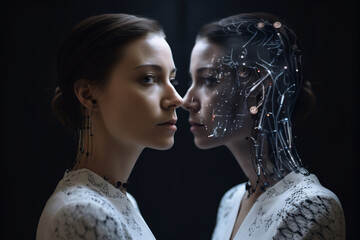 Poster - Person looking at a digital Artificial intelligence version of themselves. Deep fake. Generative ai