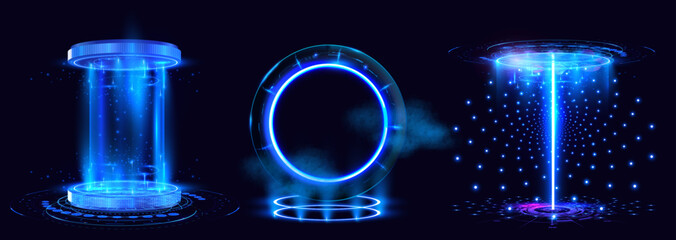 Blue hologram portal. Magic fantasy portal. Magic circle teleport podium with hologram effect. Abstract high tech futuristic technology design. Neon led glow stage blue laser round glitter teleport.