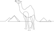 Continuous One Line Drawing Camel Walking In The Desert With Pyramids In The Background. Single Line Draw Design Vector Graphic Illustration.