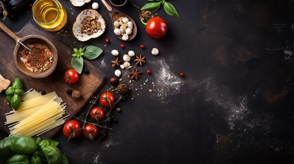 Italian food background. Italian cuisine. Ingredients on dark background Cooking. AI generated