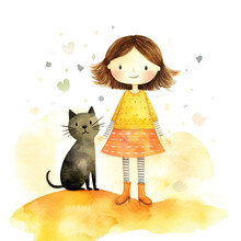 Cute Girl And Cat Watercolor Illustration. AI Generator Generative AI