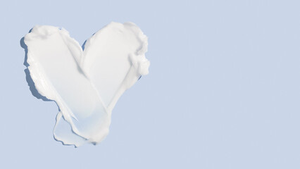 Beauty skincare cream texture swipe swatch in heart shaped. White beauty cream smear smudge isolated on blue background