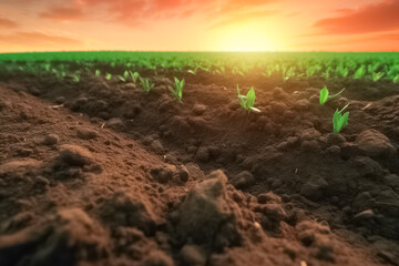 Wall Mural - Close-up of fertile soil. Green young plants growing from the soil. Agriculture, gardening or ecology concept.