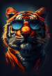 Tiger with sunglasses. Portrait of a tiger with sunglasses. AI Generative