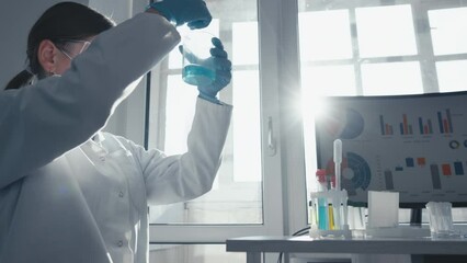 Poster - Experimental chemical laboratory, where the scientist performs complex analysis for development of pharmaceutical technology. Laboratory assistant conducts research in field medicine and biotechnology