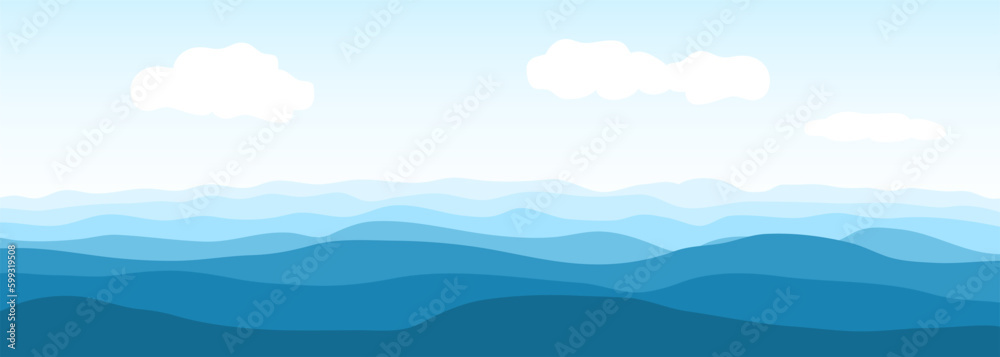 Blue ocean or sea waves. Realistic vector ocean waves and sky with ...