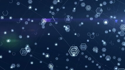 Social networking icons move in a loop on a blue background in 3D space with connecting lines. Plexus animation global network connections and social networking concept. Networking and interaction