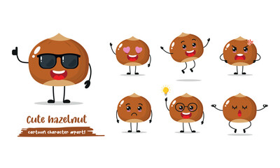 Wall Mural - Cute happy brown hazelnut different emotion activity. Funny hazelnut fruit  in flat style. Hazelnut vector emoji cartoon illustration.