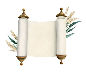 Watercolor opened Torah scroll of Jewish Bible, megilat Esther, Haggadah Pesah illustration with ears of wheat and eucalyptus leaves. Hand drawn clipart isolated on white background