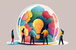 © premyuda - business illustration. small people characters develop creative business idea. Isometric big light bulb as metaphor idea. Graphics design. Generative AI