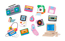 Collection Of Nostalgic Retro Gadgets Games And Devices. Vector Images In Vibrant Vivid Colors. Trendy Cartoon Illustrations For Graphic Designs