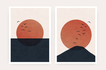 Wall Mural - abstract mountain landscape poster. contemporary nature sun moon birds art print, boho minimalist wa