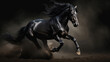 Black impressive stallion jumping and running in front of black pure background as  a symbol for power and strengt and maleness. Generative AI.