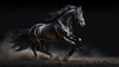 Black stallion hourse running in front of a black background as a symbol for power. Generative AI.