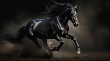 Black Impressive Stallion Jumping And Running In Front Of Black Pure Background As  A Symbol For Power And Strengt And Maleness. Generative AI.