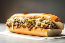 Delicious Philly Cheesesteak With Chopped Ribeye Steak With Pickles Green Peppers Onions And Provolone Cheese In A Crisp Roll. Traditional American Cuisine