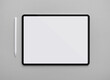 © Veresovich - Digital tablet with blank white screen and stylus pen on gray paper background. Flat lay.