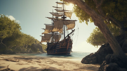 Poster - A pirate ship looking for treasure on a deserted Generative AI 