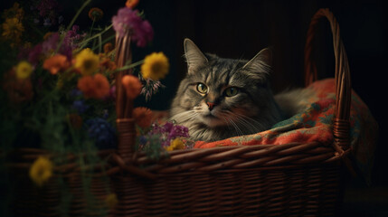 Canvas Print - Cat in a straw basket with flowers Generative AI 