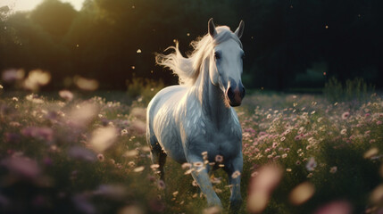 Sticker - A unicorn galloping through a magical meadow filled Generative AI  