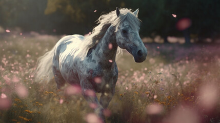 Wall Mural - A unicorn galloping through a magical meadow filled Generative AI 