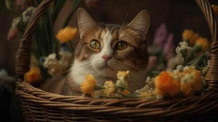 Canvas Print - Cat in a straw basket with flowers Generative AI 