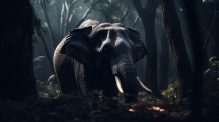 Canvas Print - Elephant in a dark forest Generative AI 