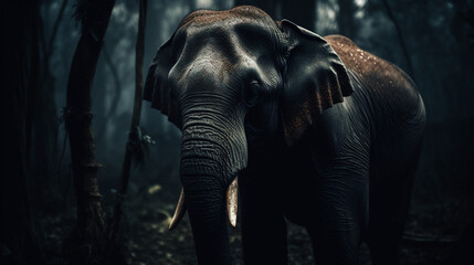 Canvas Print - Elephant in a dark forest Generative AI 