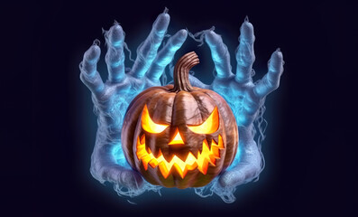 Between blue zombie hands is a carved pumpkin with a creepy face that burns inside and creates fear on Halloween night. In front of a clean background in cartoon style in 3D design.AI generated illust