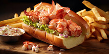 Tender Chunks Of Lobster, Lightly Dressed In Mayo, And Nestled In A Buttery, Toasted Brioche Bun, Crispy Golden French Fries, Favorite Summer Meals And Drinks, Generative AI