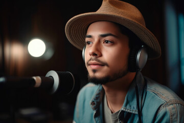 Young Latino man with hat and headphones podcasting. generative ai