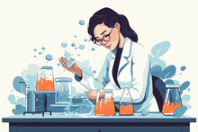 Scientist Woman In Lab Coat And Glasses Making Experiment In Chemical Laboratory. Vector Illustration