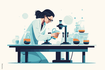 Wall Mural - Scientist woman in lab coat and glasses making experiment in chemical laboratory. Vector illustration